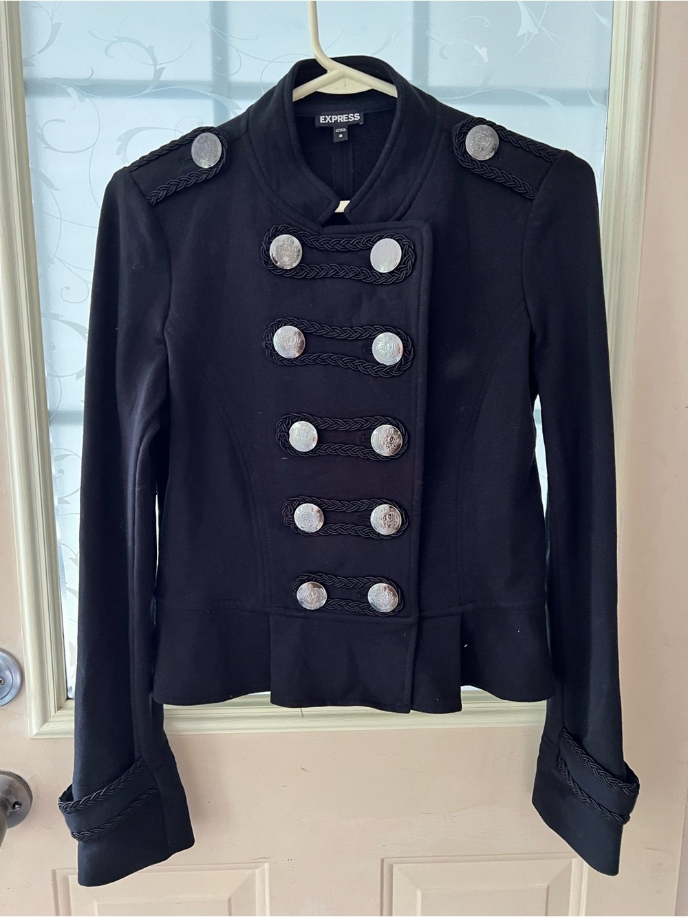 Express women's cropped military band jacket featuring a double-breasted layout,